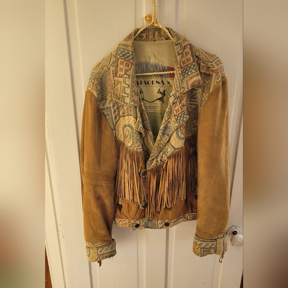 Vintage Tan Leather Patterned Fringe Jacket